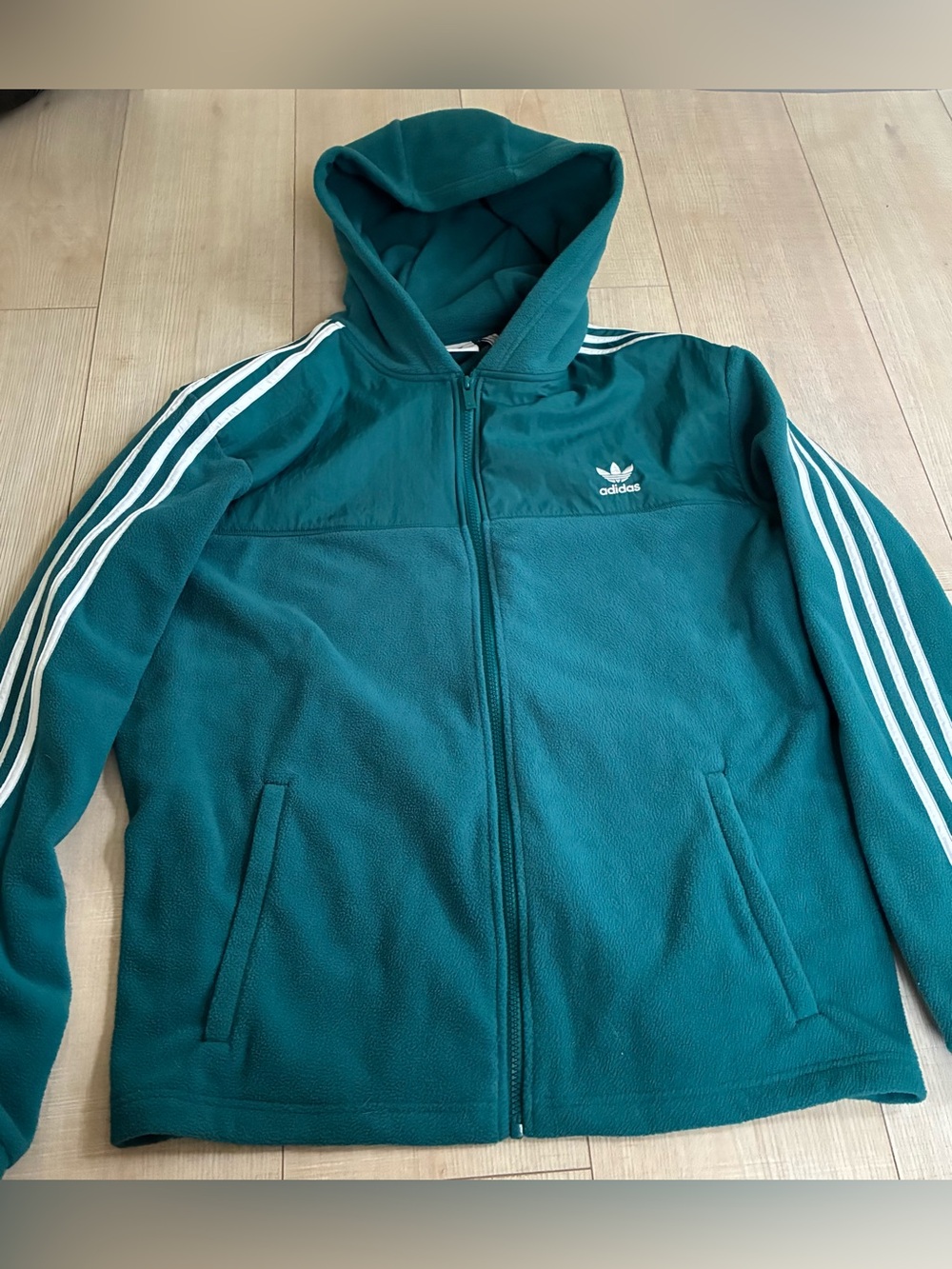 adidas men's Teal Green Fleece Jacket with White Trefoil